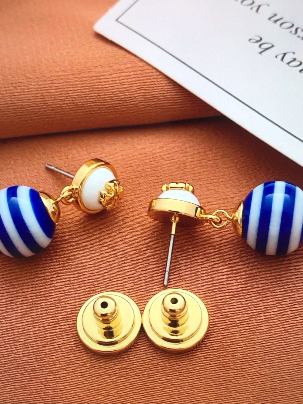 Tory Burch Blue & White Striped Drop Earrings with Gold Accents - Picture 3 of 5